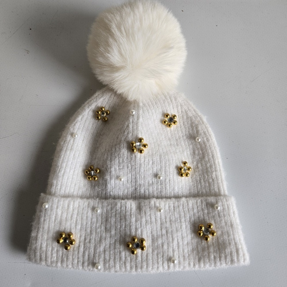 New INC International Concepts Ivory Bead Embellished Beanie Knit Cap Hat